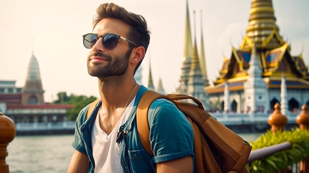 Tourist man enjoy travel at famous tourist sightseeing in Bangkok