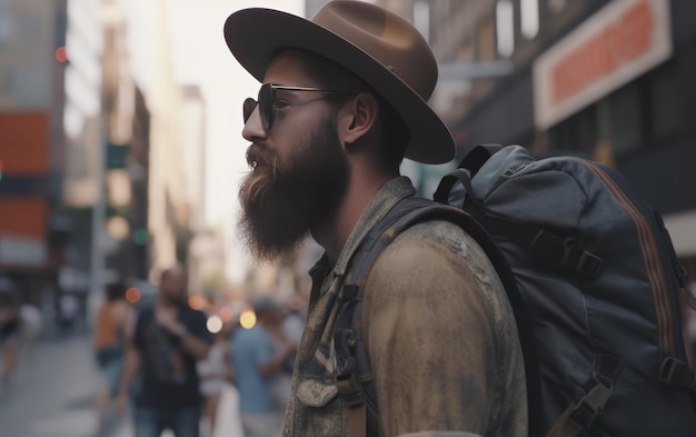 Photo a tourist man with a backpack stands in a busy us street ai generated