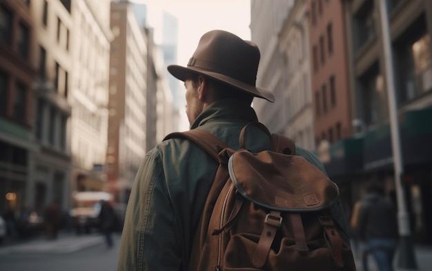 A tourist man with a backpack stands in a busy US street ai generated