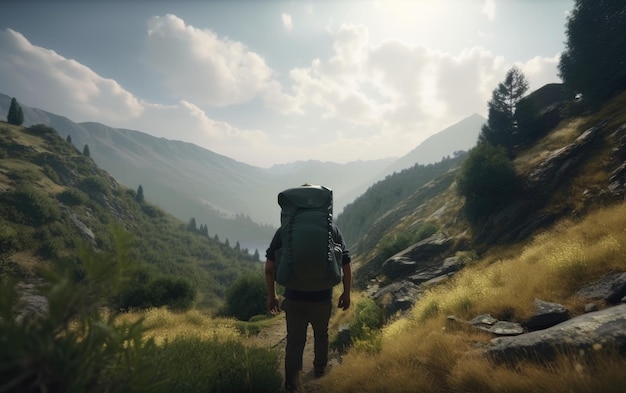 A tourist man with a backpack stands on a mountain top looking at the mountains hiking ai generated