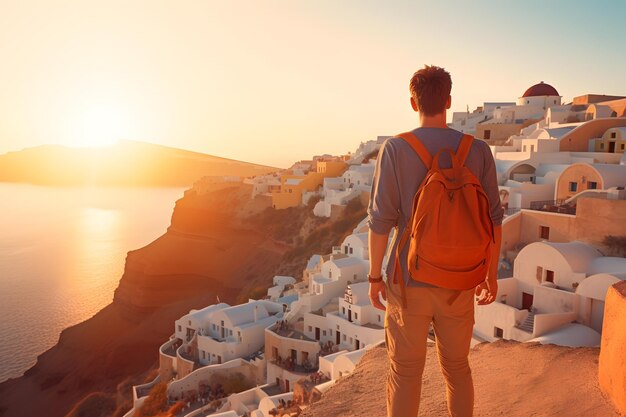 Photo tourist man with backpack at vacation in font of famous oia sunset in santorini