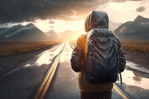 A tourist man with a backpack walks alone on a wet road