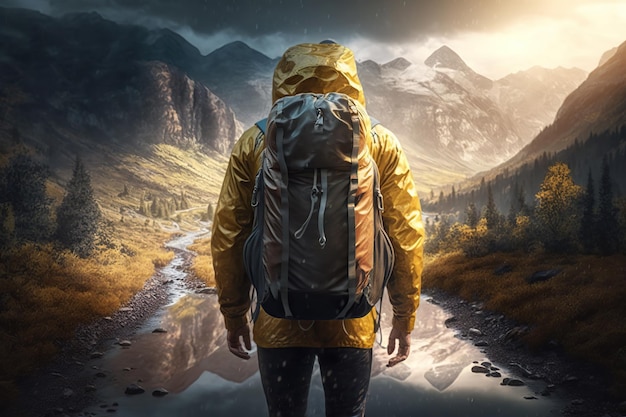 A tourist man with a backpack walks alone on a wet road