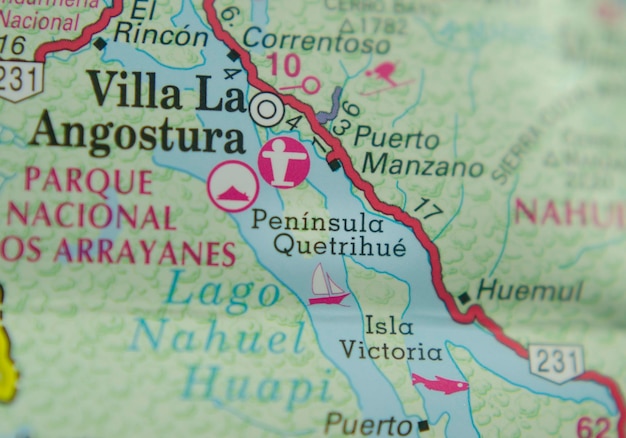 Photo tourist map of quetrihue peninsula in argentine patagonia near villa la angostura in vacation and travel concept