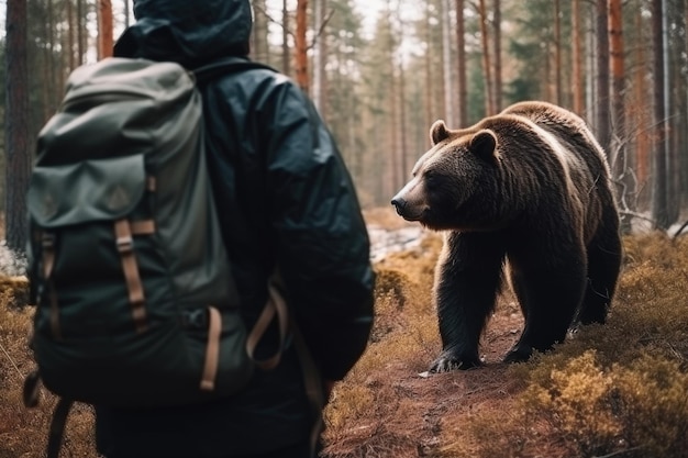 A tourist met a brown bear in the forest generative ai