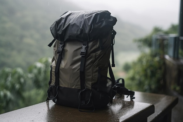 Туристический горный рюкзак крупным планом на фоне леса Generative ai