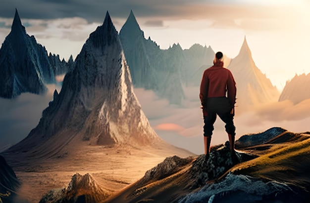 Tourist on the peak of high rocks active life concept photo AI Generated