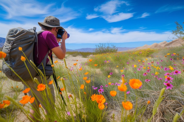 Tourist photographing desert wildflowers