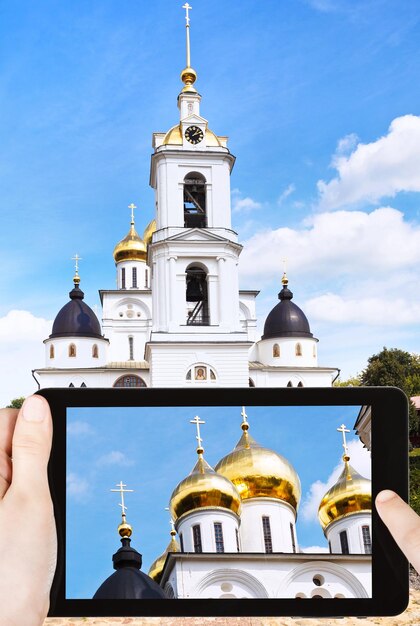 Tourist photographs Cathedral of Dmitrov Kremlin