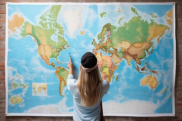 Foto turista che pianifica la vacanza con l'aiuto di una mappa del mondo con altri accessori di viaggio intorno a una giovane donna che indica il nord america sul mondo