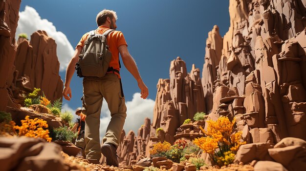 Foto fotografia di un turista sulla roccia