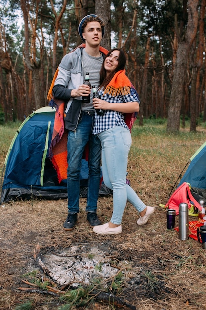 Tourist romance couple drink beer together concept. Happy joint pastime.