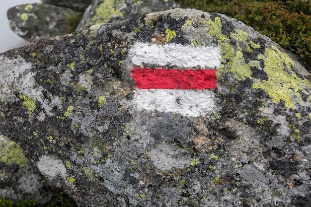 ハイキング山への道を案内する白と赤で塗られた石の観光ルートマーク