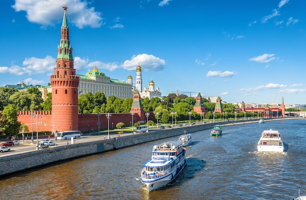 Tourist ships sail past to Moscow Kremlin Russia