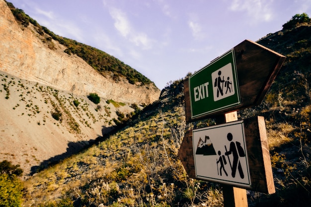 Tourist signs on the route in the mountains