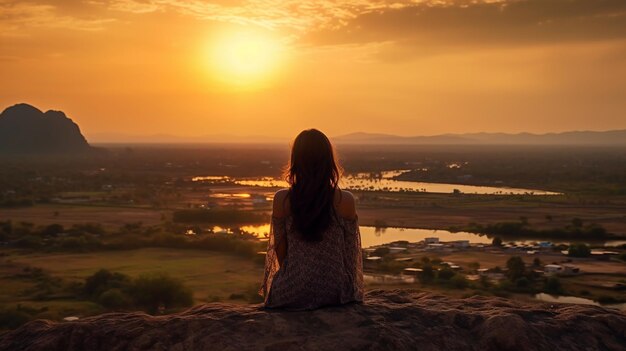 Tourist sitting on sub viewpoint at sunset lop Thailand