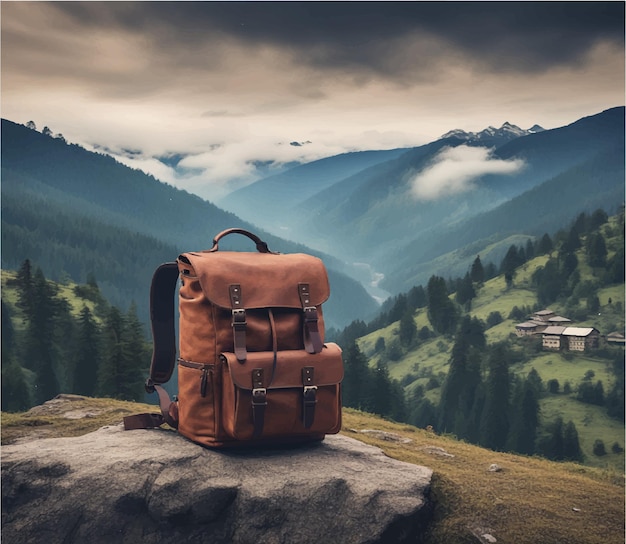 Tourist solo trip in the mountains under the sky with bagpack