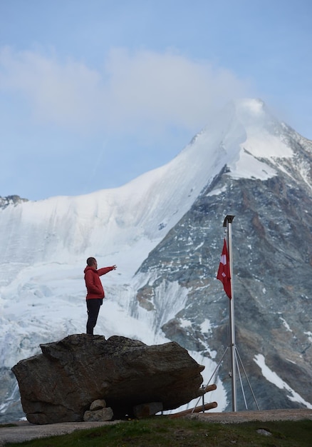 Tourist standing on huge stone mountains scenery