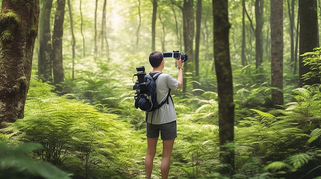 A tourist stands in the middle of a lush summer forest camera in hand ready to take a picture