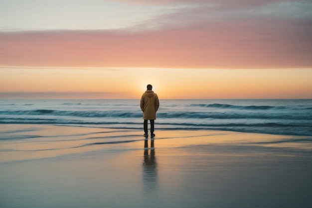 A tourist stands near a beautiful shore