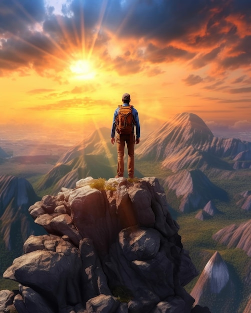 A tourist successfully climbs a mountain at sunset Generative AI
