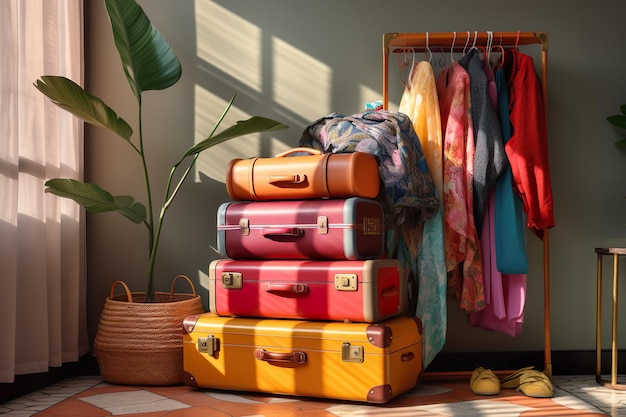 Tourist suitcases stacked on top of each other travel concept ai