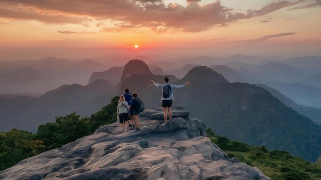 Photo tourist take a photo on phu sub lek viewpoint at sunset lopburi thailand