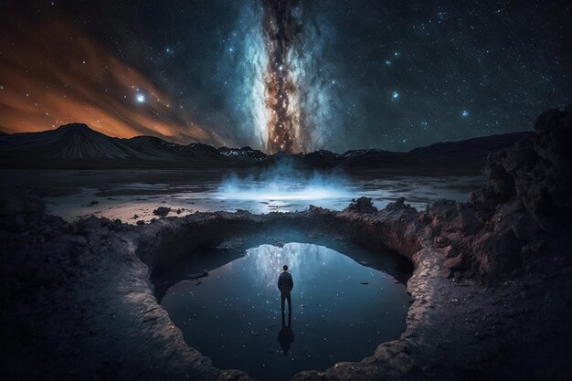 Foto un turista ammira il magnifico cielo notturno da una sorgente termale nascosta in islanda