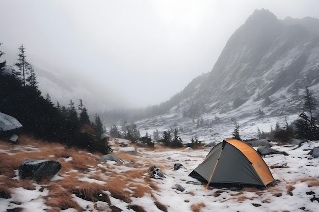 Tourist tent camp at snow covered foggy highlands neural network generated picture