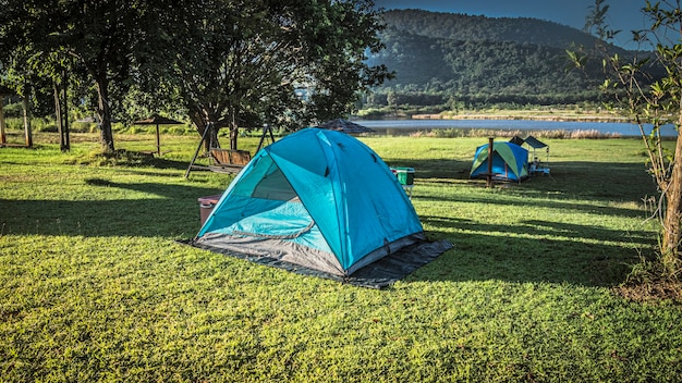 Tourist tent camping in mountains near lake, Khao Yai National park, Thailand