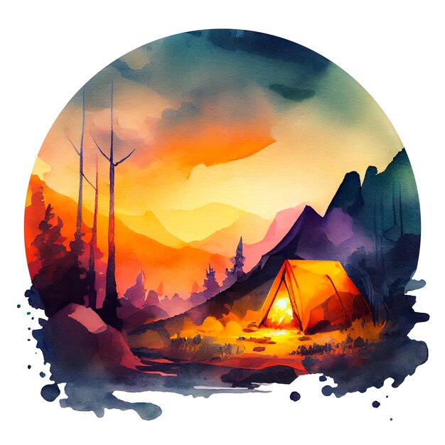 Tourist tent camping in mountains at sunset Watercolor illustration