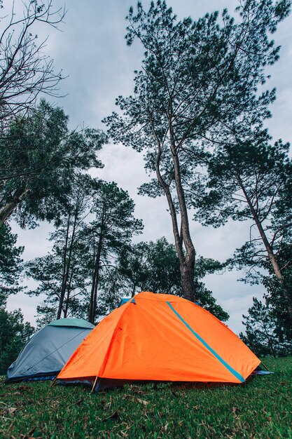 Tourist tent camping in mountains