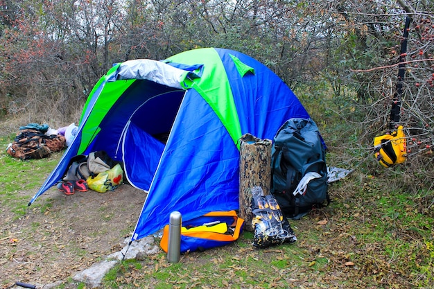 Туристическая палатка на лужайке в лесу