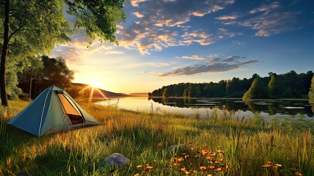 Tourist Tent on Lush Green Field Hiking and outdoor recreation