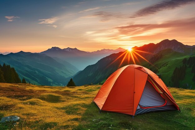 Tourist tent in the mountains at dawn in the summer