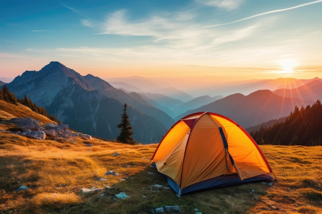 Tourist tent in the mountains at dawn in the summer