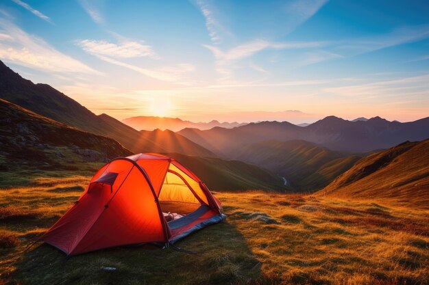 夏の夜明けの山中の観光テント