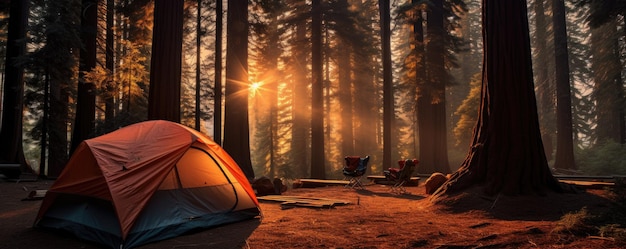 Foto tenda turistica in montagna sotto il drammatico cielo serale colore del tramonto in montagna viaggio in campeggio generativo ai