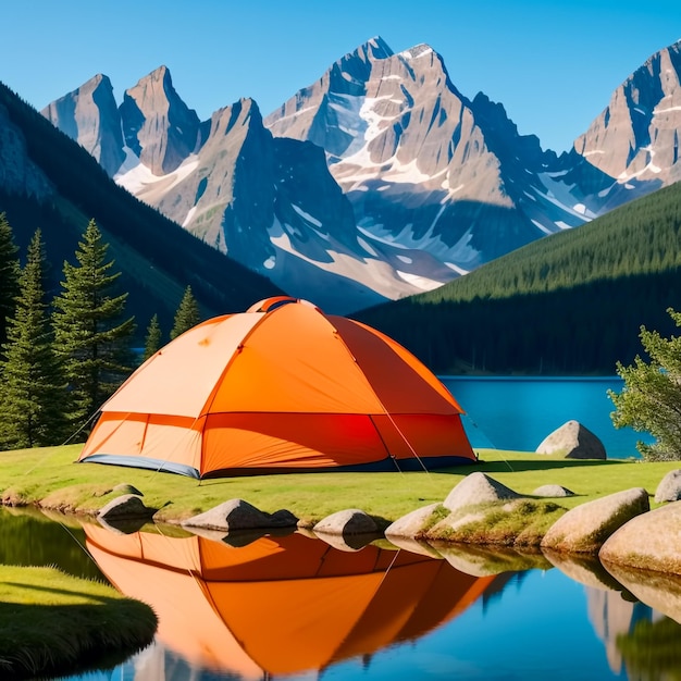 Tourist tent on the shore of a mountain lake on mountains background Generative AI