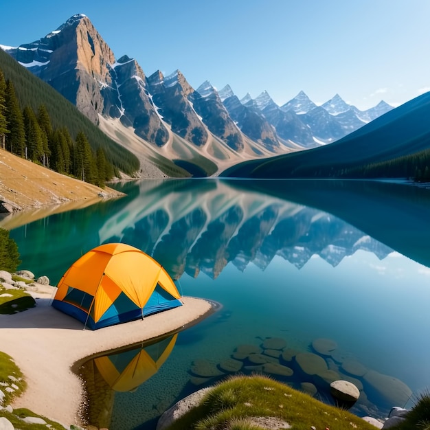 Tourist tent on the shore of a mountain lake on mountains background Generative AI