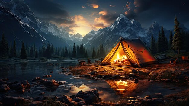 Tourist tent of a tourist traveler in the mountains near a lake in nature camping