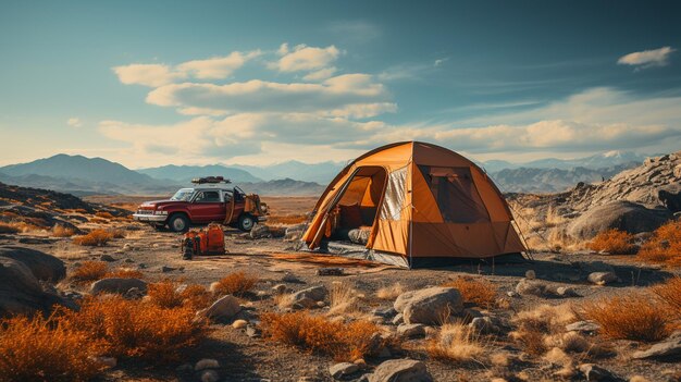 텐트와 산의 아름다운 전망을 가진 관광 텐트