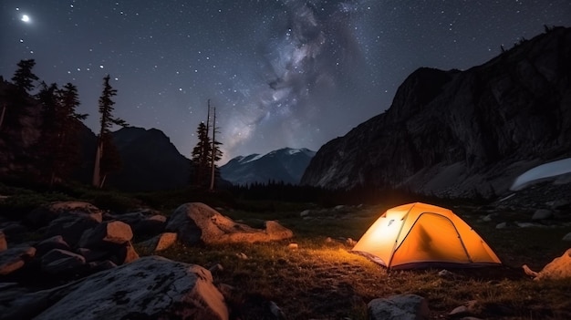 暗い夜の山の峰の背景にある高原でのキャンプの中に光のある観光テント