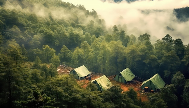 tourist tents are in the green misty forest at the mountains