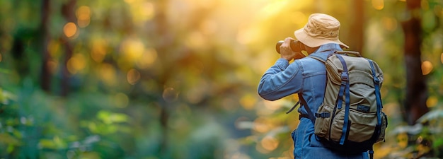 Photo tourist travel with a backpack outdoor activities bird watching with binoculars and recording observations to a book