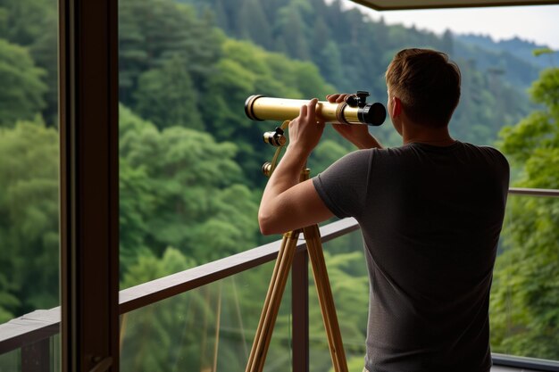 사진 숲 을 바라보는 호텔 발코니 에서 망원경 을 사용 하는 관광객