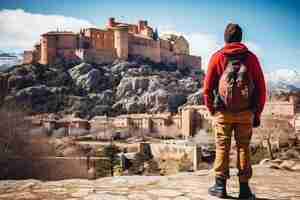 Photo tourist visiting the alquezar pyrenees mountain medieval town of huesca spain