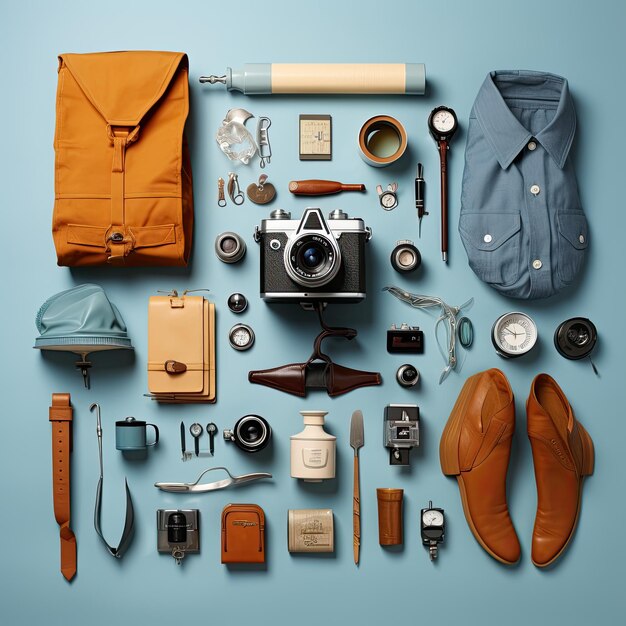 Foto turista viaggiatore vintage knolling flat lays vogue foto abiti eleganti collezione di moda set