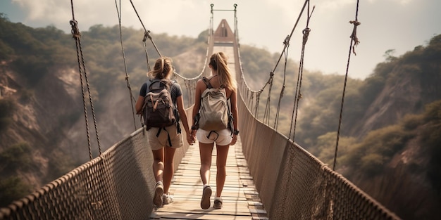Турист гуляет по веревчатому мосту Красивая иллюстрация