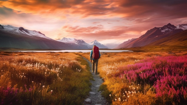 Foto turista con uno zaino in patagonia vicino ad un lago in montagna